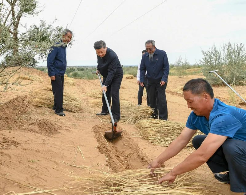 2019年8月21日，習(xí)近平來(lái)到甘肅省武威市古浪縣八步沙林場(chǎng),，實(shí)地察看當(dāng)?shù)刂紊吃炝?、生態(tài)保護(hù)等情況。新華社記者 謝環(huán)馳 攝